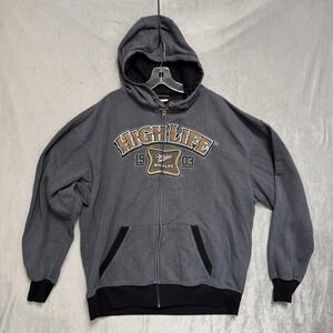 Miller High Life Hoodie Mens XL Gray ODM Full Zip Beer Graphic Sweatshirt Fleece